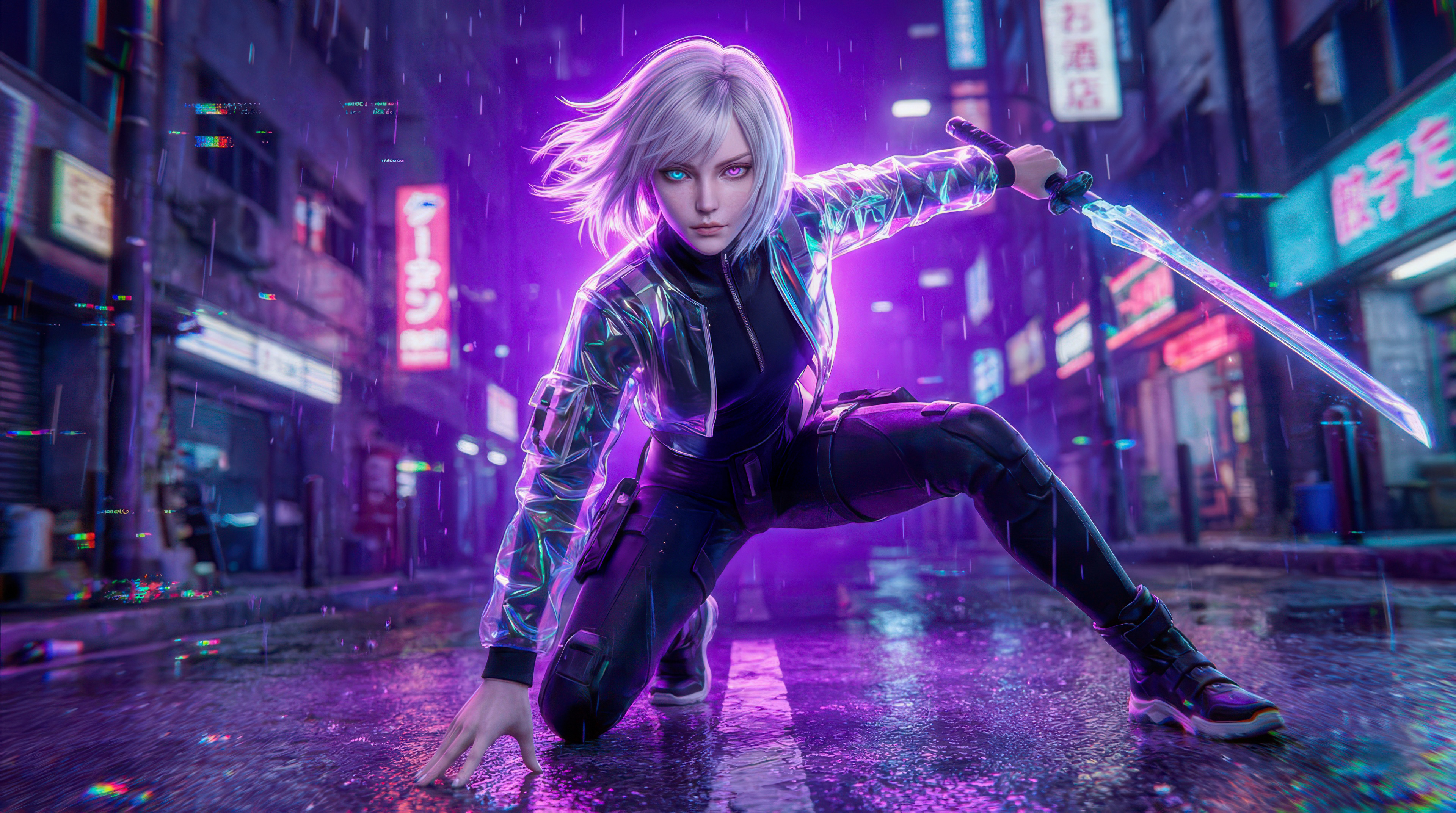 White Haired Girl With Neon Sword