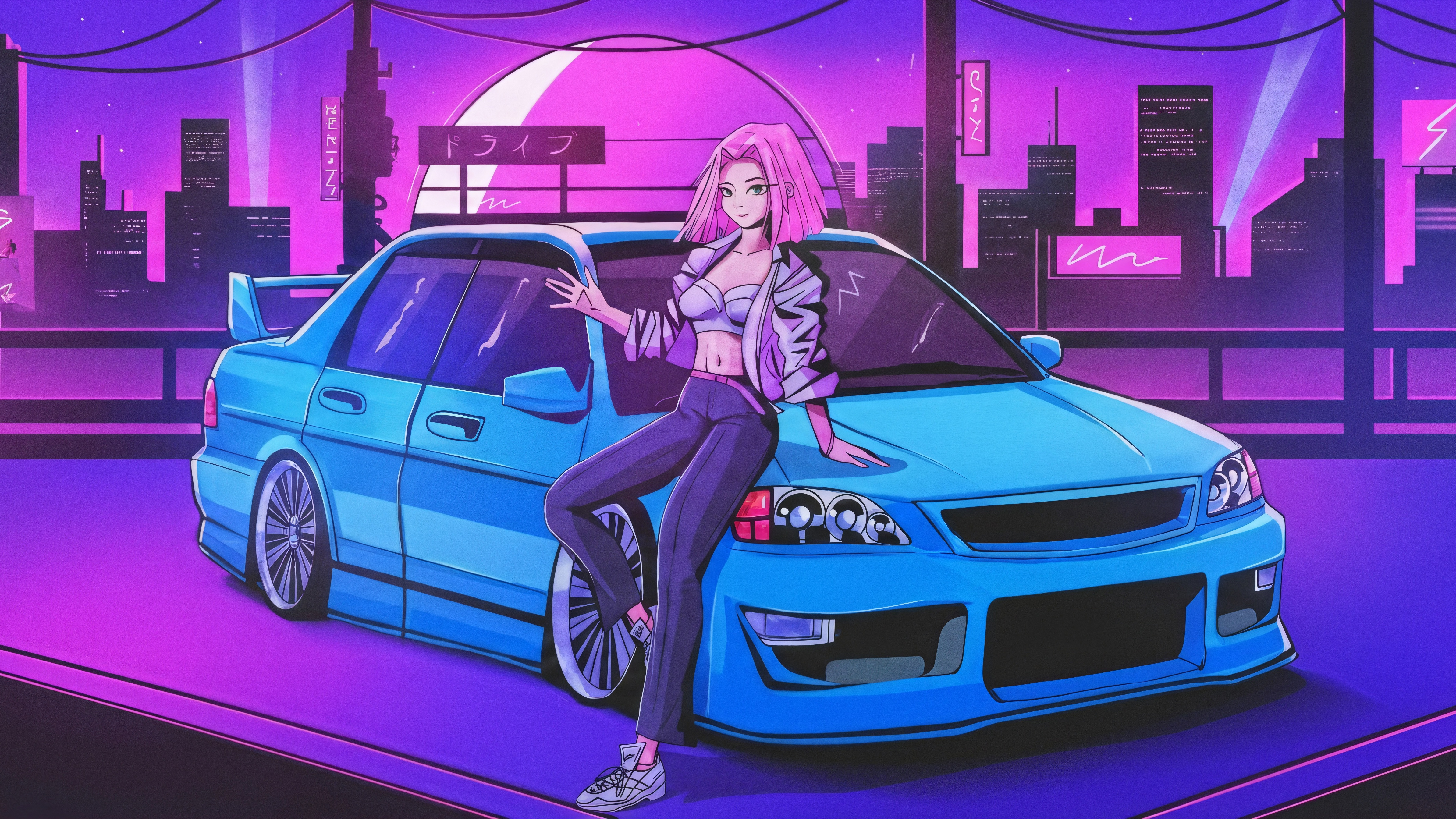 Anime Girl With Neon Car