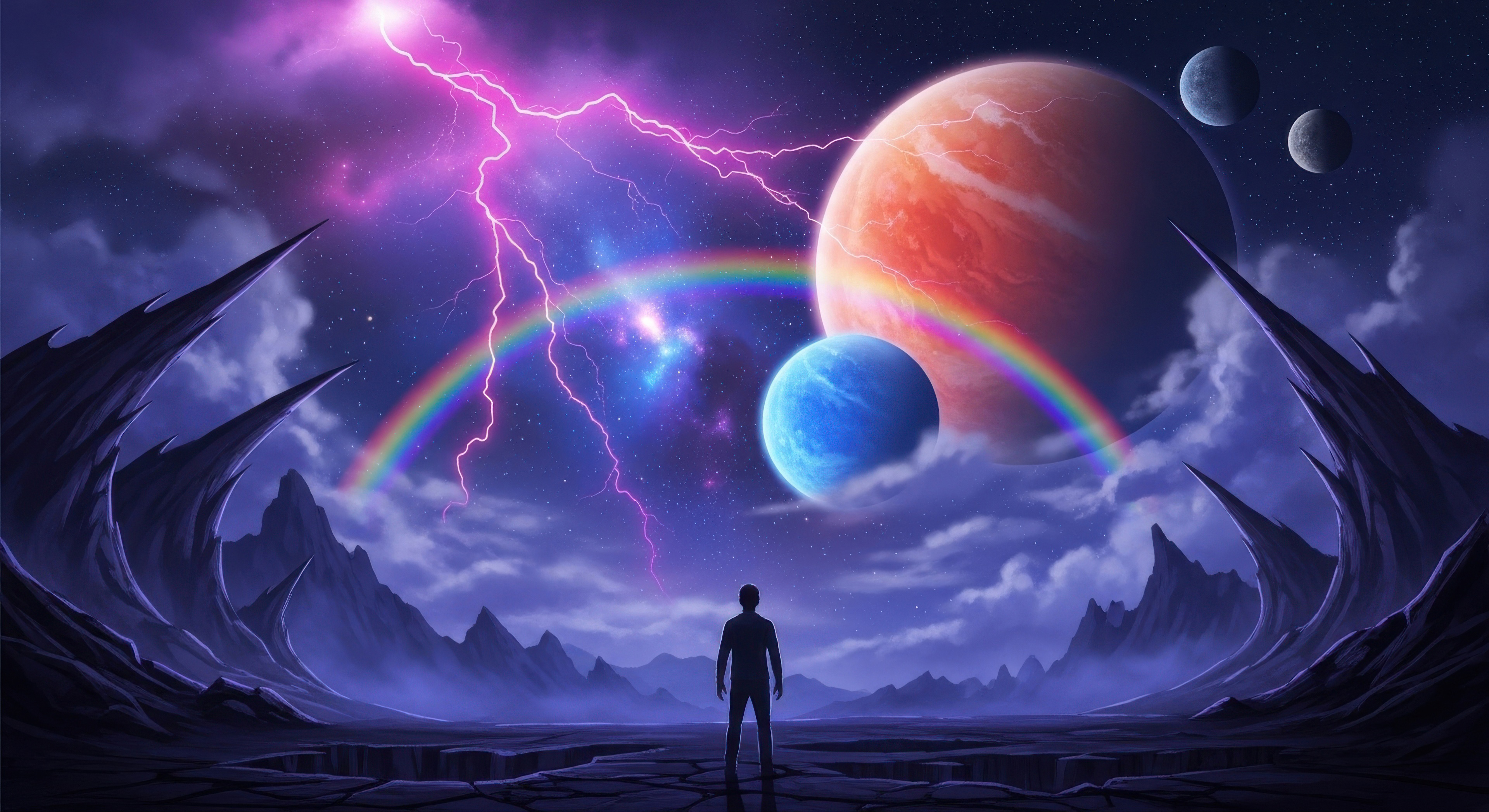 Alone Man Watching Planets With Lightning And Rainbow