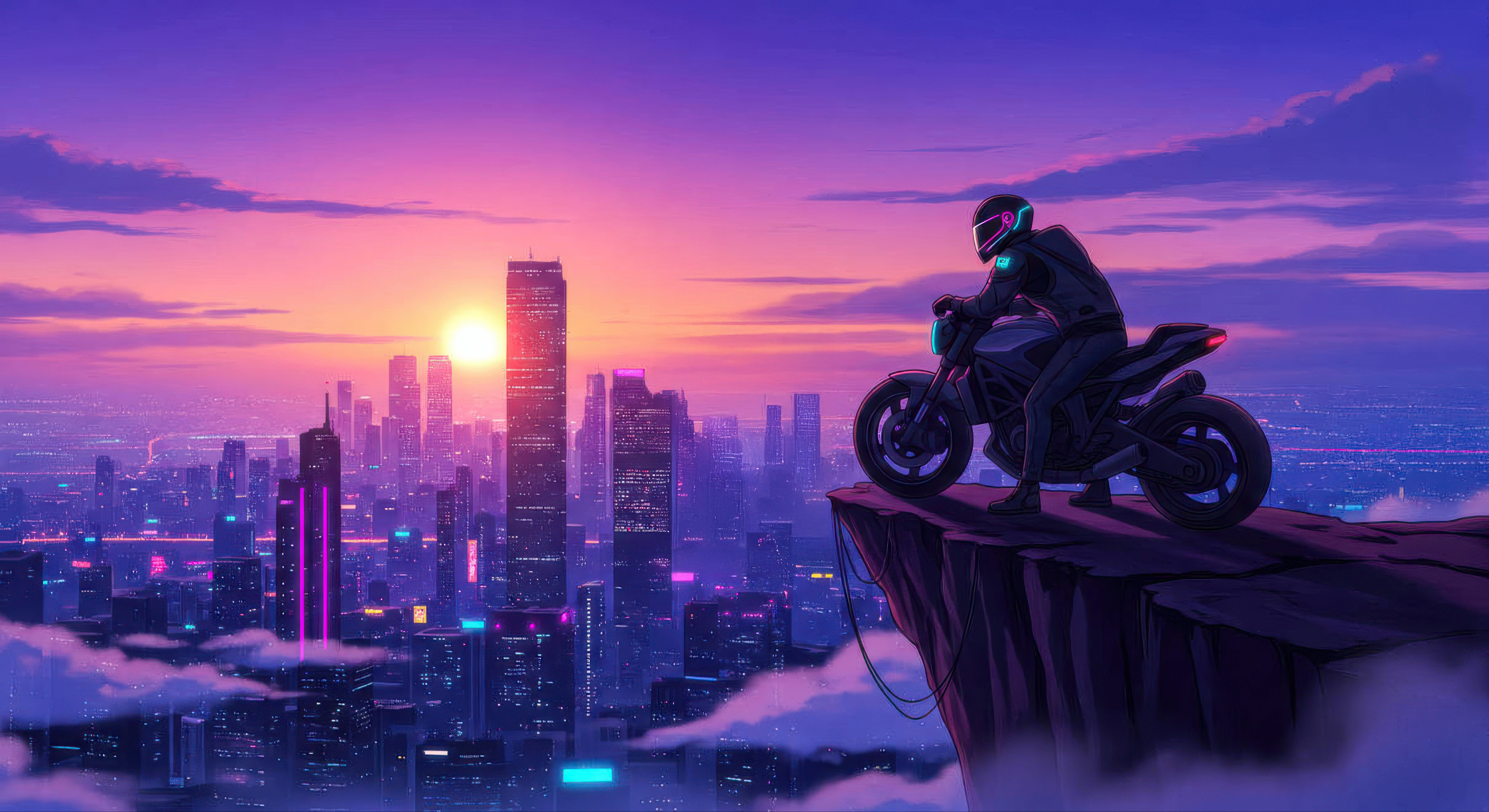 Cyberpunk Rider Above Futuristic City